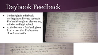 Daybook Feedback 
● To the right is a daybook 
writing about literacy sponsors 
I’ve had throughout elementary, 
middle, and high school 
● At the bottom is feedback given 
from a peer that I’ve become 
close friends with 
 