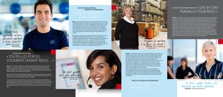 Day by Day serviCe express
                                                                                                                                              national et international :
                                                                                                                                                                                                                                                                                                                         « day By day
                                                                                                                                                                                                                                                                                                Day by Day solutions sur mesure :



                                                                                                                         « Bien planifier eT                                                                                                                                                                   Travaille pour moi ! »
                                                                                                                              êTre clair ! »                                                                                                                                                   Daniëlle: « cela fait des années que je suis cliente chez day by day. les personnes qui travaillent
                                                                                                                                                                                                                                                                                               au centre de contact me connaissent bien et leur chauffeur est ici comme à la maison. Mais j’ai
                                                                                                                                                                                                                                                                                               aussi de bons contacts avec les autres collaborateurs. ils se tiennent toujours prêts pour moi et
                                                                                                                         Nawal: « Votre avocat à Paris attend un document urgentissime ? une usine                                                                                             cela procure une sensation agréable. la première fois que j’ai contacté day by day, notre équipe
                                                                                                                         de Shanghai a besoin de cette pièce de rechange de toute urgence ? Pas de                                                                                             avait imaginé un cadeau de fin d’année original : une bombe glacée avec, dessus, le nom du
                                                                                                                         souci : day by day entre en action immédiatement. nous venons chercher                                                                                                destinataire. day by day a fait en sorte que tous les gâteaux glacés parviennent à nos relations
                                                                                                                         votre envoi dans la demi-heure et nous l’expédions directement vers son                                                                                               d’affaires par transport réfrigéré. le tout, le même jour, pour que l’effet de surprise soit maximal.
                                                                                                                         lieu de destination. ou bien votre envoi part avec un de nos chauffeurs.                                                                                              day by day est mon partenaire permanent pour la réalisation de tous types d’actions de
                                                                                                                         ou nous faisons intervenir notre réseau international. car nous disposons                                                                                             marketing. Je leur demande conseil dès le stade préliminaire. comment emballer un cadeau
                                                                                                                         d’excellents contacts avec des partenaires de transport établis aux quatre                                                                                            au mieux pour qu’il ne soit pas abîmé ? quels sont le timing et le budget pour le transport ? de

  C’est tres‘                                                                                                            coins du monde. ainsi, nous sommes toujours au bon endroit au bon
                                                                                                                         moment.
                                                                                                                                                                                                                                                                                               quelle manière pouvons-nous réduire les coûts ? les collaborateurs de day by day répondent
                                                                                                                                                                                                                                                                                               de manière très précise à toutes mes questions. day by day est beaucoup plus qu’un service de
                                                                                                                                                                                                                                                                                               colis. en réalité, ils sont en mesure d’assurer tout le traitement. et ils le font de manière tellement
agre’able d’etre
              ‘                                                                                                          notre agence, basée à deux pas du ring de bruxelles à Meise, est le centre
                                                                                                                         névralgique logistique de notre société. J’y suis co-responsable d’une
                                                                                                                                                                                                                                                                                               professionnelle que je leur confie toutes ces missions en toute quiétude. »

accueilli partout                                                                                                        coordination parfaite. Grâce à notre système track & trace, je suis en mesure
                                                                                                                         de suivre chaque envoi à la trace … et je peux intervenir sur-le-champ

a bras ouverts !
‘                                                                                                                        lorsqu’un problème se pose. dans le cadre de mon boulot, je dois non
                                                                                                                         seulement pouvoir tout planifier à la perfection, mais je dois aussi être en
                                                                                                                                                                                                                                               Toujours se mettre
  Dieter - chauffeur
           day by day
                                                                                                                         mesure de bien communiquer. Je l’ai déjà remarqué tellement souvent : un
                                                                                                                         mot gentil fait des miracles, surtout lorsque les nerfs sont à vif ! »                                             a la place du client !
                                                                                                                                                                                                                                            ‘
                                                                                                                                                                                                                                                      Christine - quality controler
                                                                                                                                                                                                                                                          day by day


                Day by Day serviCe De ligne :                                                                                                                                                            Christine: « la logistique n’est pas un boulot qu’on fait de neuf à cinq. ceci vaut


   « TouTes les porTes
                                                                                                                                                                                                         d’autant plus pour nous. ici, les choses ne s’animent véritablement qu’à partir
                                                                                                                                                                                                         de la fin de l’après-midi et tôt en soirée ! dans la centrale de coordination de
                                                                                                                                                                                                         day by day à Meise, des colis arrivent de toute l’europe. nous les trions, puis


   s’ouvrenT devanT nous… »
                                                                                                                                                                                                         nous veillons à ce qu’ils partent à temps pour leur destination finale.
                                                                                                                                                                                                         Sur une journée moyenne, nous manipulons plus de 4 000 colis. et vu le succès
                                                                                                                                                                                                         de day by day, cette affluence ne peut qu’augmenter. une erreur est vite
                                                                                                                                                                                                         arrivée mais mes collègues et moi ne laissons rien au hasard. nous traitons
                                                                                                                                                                                                         chaque colis avec le plus grand soin. bien conscients que nous sommes un
   Dieter: « Vous n’y prêtez peut-être pas attention mais chez day by day, nous nous activons                                                                                                            maillon dans une longue chaîne de services. et donc : que tout ce que nous
   chaque jour… pour vous offrir un service hors normes. Prenez par exemple notre service                                                                                                                faisons a des conséquences pour nos clients.
   de ligne. nous pouvons le résumer en quatre mots : enlevé aujourd’hui, livré demain. une                                                                                                              Se mettre à la place du client, cela veut dire aussi : tenir compte de ses
   promesse simple, certes, mais une promesse que nous devons tenir en permanence. Pour des                                                                                                              désirs spécifiques. nous sommes spécialisés dans la fourniture de services
   milliers de clients, tant en belgique qu’à l’étranger.
                                                                                                            Un mot gentil                                                                                personnalisés. de nombreux envois demandent une approche particulière
                                                                                                                                                                                                         parce qu’ils sont fragiles, qu’ils ont des mesures hors normes ou qu’ils peuvent
   day by day emploie quelque 150 collègues chauffeurs. ensemble, nous parcourons le monde                                                                                                               se détériorer. et là aussi, nous sommes formés pour que tout aille comme sur
   chaque jour. oui, oui : quelque 40.000 kilomètres à travers villes et villages, en ligne droite sur
   des autoroutes ou dans les lacets des routes de campagne.
                                                                                                         fait des miracles.                                                                              des roulettes. »
                                                                                                            naWal - PerSonal aSSiStant
   tous ces détours nous permettent de rencontrer les clients les plus divers. des hôpitaux aux                       day by day
   sociétés portuaires. des entreprises unipersonnelles aux multinationales. et bien entendu vous,                                                                                                                     Day by Day Centrale De CoorDination

                                                                                                                                                                                                         « une organisaTion                                                                                            Je leur confie toutes ces
   bien volontiers. Partout, nous nous sentons les bienvenus et toutes les portes s’ouvrent devant
   nous. et nous aimons répondre à cette hospitalité. Par un sourire, un brin de causette ou une
   plaisanterie. Mais, surtout : en mettant tout en œuvre pour vous satisfaire à 100 %. Jour après
                                                                                                                                                                                                                                                                                                                     missions en toute quie
                                                                                                                                                                                                                                                                                                                                          ’tude
   jour. »
                                                                                                                                                                                                            Bien huilée »                                                                                                  Daniëlle - cliente day by day
 