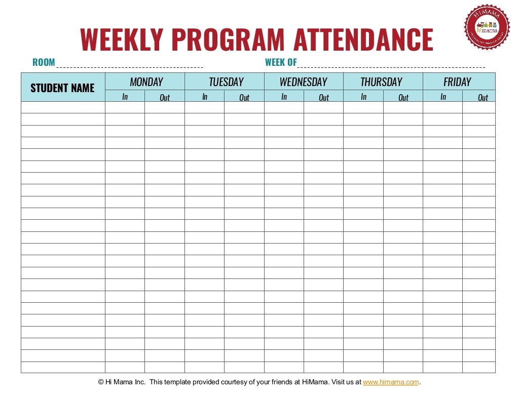Daycare sign in sheet template weekly
