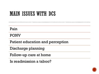 Pain
PONV
Patient education and perception
Discharge planning
Follow-up care at home
Is readmission a taboo?
 