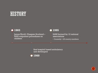 HISTORY
James Nicoll, Glasgow,Scotland –
9000 outpatient procedures on
children
1903
first hospital based ambulatory
unit developed
1960
IAAS formed by 12 national
associations
• Currently > 25 country members
1995
 