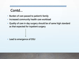 Contd…
• Burden of care passed to patient’s family
• Increased community health care workload
• Quality of care in day surgery should be of same high standard
as that expected for inpatient surgery
• Lead to emergence of DSU
 