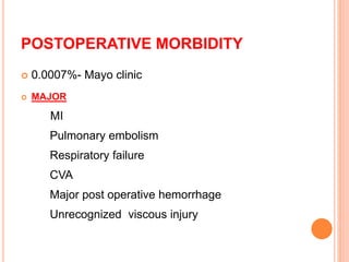POSTOPERATIVE MORBIDITY
 0.0007%- Mayo clinic
 MAJOR
MI
Pulmonary embolism
Respiratory failure
CVA
Major post operative hemorrhage
Unrecognized viscous injury
 