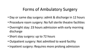 Forms of Ambulatory Surgery
• Day or same day surgery: admit & discharge in 12 hours
• Procedure room surgery: No full sterile theatre facilities
• Overnight stay: 23 hours admission with early morning
discharge
• Short stay surgery: up to 72 hours
• Outpatient surgery: Not admitted to ward facility
• Inpatient surgery: Requires more prolong admission
 