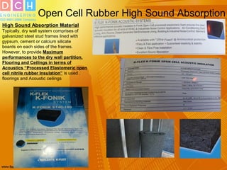 Open Cell Rubber High Sound Absorption
High Sound Absorption Material
Typically, dry wall system comprises of
galvanized steel stud frames lined with
gypsum, cement or calcium silicate
boards on each sides of the frames.
However, to provide Maximum
performances to the dry wall partition,
Flooring and Ceilings in terms of
Acoustics “Processed Elastomeric open
cell nitrile rubber Insulation” is used .
floorings and Acoustic ceilings
 