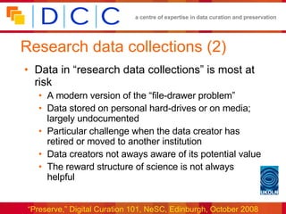 Research data collections (2) Data in “research data collections” is most at risk A modern version of the “file-drawer problem” Data stored on personal hard-drives or on media; largely undocumented Particular challenge when the data creator has retired or moved to another institution Data creators not aways aware of its potential value The reward structure of science is not always helpful  