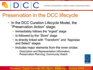 Preservation in the DCC lifecycle In the DCC Curation Lifecycle Model, the “Preservation Action” stage: Immediately follows the “Ingest” stage Is followed by the “Store” stage Is directly linked with “Transform” and “Appraise and Select” stages Includes major elements from the inner circles: Description and Representation Information, Preservation Planning, Community Watch 