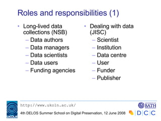Roles and responsibilities (1) Long-lived data collections (NSB) Data authors Data managers Data scientists Data users Funding agencies Dealing with data (JISC) Scientist Institution Data centre User Funder Publisher 