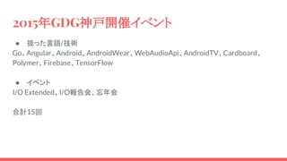2015年GDG神戸開催イベント
● 扱った言語/技術
Go、Angular、Android、AndroidWear、WebAudioApi、AndroidTV、Cardboard、
Polymer、Firebase、TensorFlow
● イベント
I/O Extended、I/O報告会、忘年会
合計15回
 