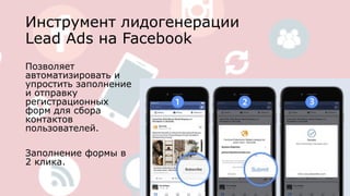 Инструмент лидогенерации  
Lead Ads на Facebook
Позволяет
автоматизировать и
упростить заполнение
и отправку
регистрационных
форм для сбора
контактов
пользователей.
Заполнение формы в
2 клика.
 