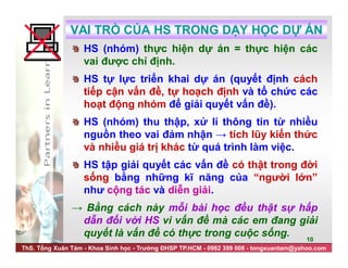 ThS. Tống Xuân Tám - Khoa Sinh học - Trường ĐHSP TP.HCM - 0982 399 008 - tongxuantam@yahoo.com
10
VAI TRÒ CỦA HS TRONG DẠY HỌC DỰ ÁN
HS (nhóm) thực hiện dự án = thực hiện các
vai được chỉ định.
HS tự lực triển khai dự án (quyết định cách
tiếp cận vấn đề, tự hoạch định và tổ chức các
hoạt động nhóm để giải quyết vấn đề).
HS (nhóm) thu thập, xử lí thông tin từ nhiều
nguồn theo vai đảm nhận → tích lũy kiến thức
và nhiều giá trị khác từ quá trình làm việc.
HS tập giải quyết các vấn đề có thật trong đời
sống bằng những kĩ năng của “người lớn”
như cộng tác và diễn giải.
→ Bằng cách này mỗi bài học đều thật sự hấp
dẫn đối với HS vì vấn đề mà các em đang giải
quyết là vấn đề có thực trong cuộc sống.
 