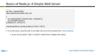 Slide 11Slide 11Slide 11 www.edureka.co/mastering-node-js
 To run the server, copy the code in any folder and run on the command line: node example.js
» As you can see above, “http” is a built-in module that is shipped with node.js
var http = require('http');
http.createServer(function (req, res)
{
res.writeHead(200, {'Content-Type': 'text/plain'});
res.end('Hello Worldn');
}).listen(1337, '127.0.0.1');
console.log('Server running at http://127.0.0.1:1337/');
Basics of Node.js: A Simple Web Server
 