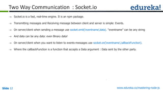 Slide 12 www.edureka.co/mastering-node-jsSlide 12Slide 12Slide 12
Two Way Communication : Socket.io
 Socket.io is a fast, real-time engine. It is an npm package.
 Transmitting messages and Receiving message between client and server is simple: Events.
 On server/client when sending a message use socket.emit(‘eventname’,data). “eventname” can be any string
 And data can be any data: even Binary data!
 On server/client when you want to listen to events-messages use socket.on(‘eventname’,callbackFunction).
 Where the callbackFunction is a function that accepts a Data argument : Data sent by the other party.
 