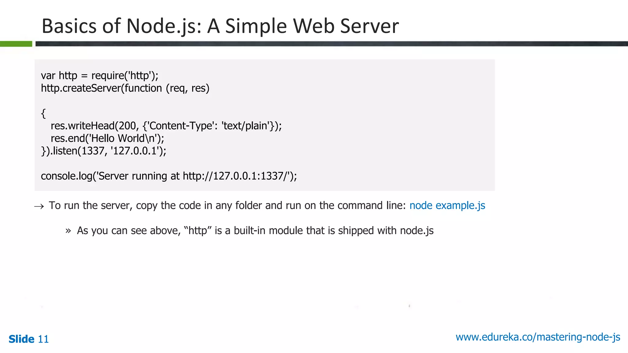Slide 11Slide 11Slide 11 www.edureka.co/mastering-node-js
 To run the server, copy the code in any folder and run on the command line: node example.js
» As you can see above, “http” is a built-in module that is shipped with node.js
var http = require('http');
http.createServer(function (req, res)
{
res.writeHead(200, {'Content-Type': 'text/plain'});
res.end('Hello Worldn');
}).listen(1337, '127.0.0.1');
console.log('Server running at http://127.0.0.1:1337/');
Basics of Node.js: A Simple Web Server
 