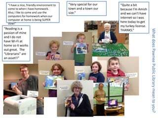 “Reading is a
passion of mine
and I do not
have Wi-Fi at
home so it works
out great. The
“Librarians” are
an asset!!”
“Very special for our
town and a town our
size.”
“I have a nice, friendly environment to
come to when I have homework.
Also, I like to come and use the
computers for homework when our
computer at home is being SUPER
slow!”
“Quite a bit
because I’m Amish
and we can’t have
internet so I was
here today to get
my turkey license.
THANKS.”
WhatdoesPawneePublicLibrarymeantoyou?
 