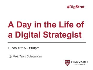 Lunch 12:15 - 1:00pm
A Day in the Life of
a Digital Strategist
#DigStrat
Up Next: Team Collaboration
 