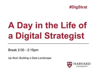Break 2:00 - 2:15pm
A Day in the Life of
a Digital Strategist
#DigStrat
Up Next: Building a Data Landscape
 
