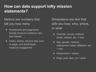 How can data support lofty mission
statements?
Metrics are numbers that
tell you how many
★ Impressions and pageviews
loosely measure audience size
and interest
★ Clicks, shares, bounce rate, time
on page, and scroll depth
measure engagement
Dimensions are text that
tells you how, who, where,
or what
★ Channel, source, medium,
share, retweet, etc. = how
★ Age, gender, interest,
employment class, affiliation, etc.
= who
★ Geolocation = where
★ Page, post, item, url = what
 