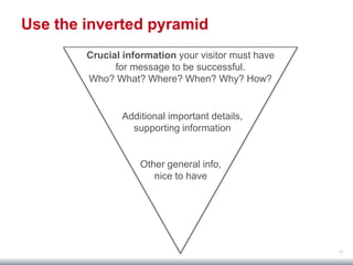 41
Use the inverted pyramid
Crucial information your visitor must have
for message to be successful.
Who? What? Where? When? Why? How?
Additional important details,
supporting information
Other general info,
nice to have
 