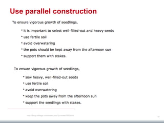 57
http://blog.editage.com/index.php?q=node/345/print
Use parallel construction
 