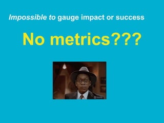 Impossible to gauge impact or success
No metrics???
 