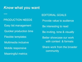 Know what you want
PRODUCTION NEEDS
Easy list management
Quicker production time
Flexible templates
Multimedia inclusive
Mobile responsive
Meaningful metrics
EDITORIAL GOALS
Provide value to audience
Be interesting to read
Be inviting, tone & visually
Better showcase our work
with context & formats
Share work from the broader
community
 
