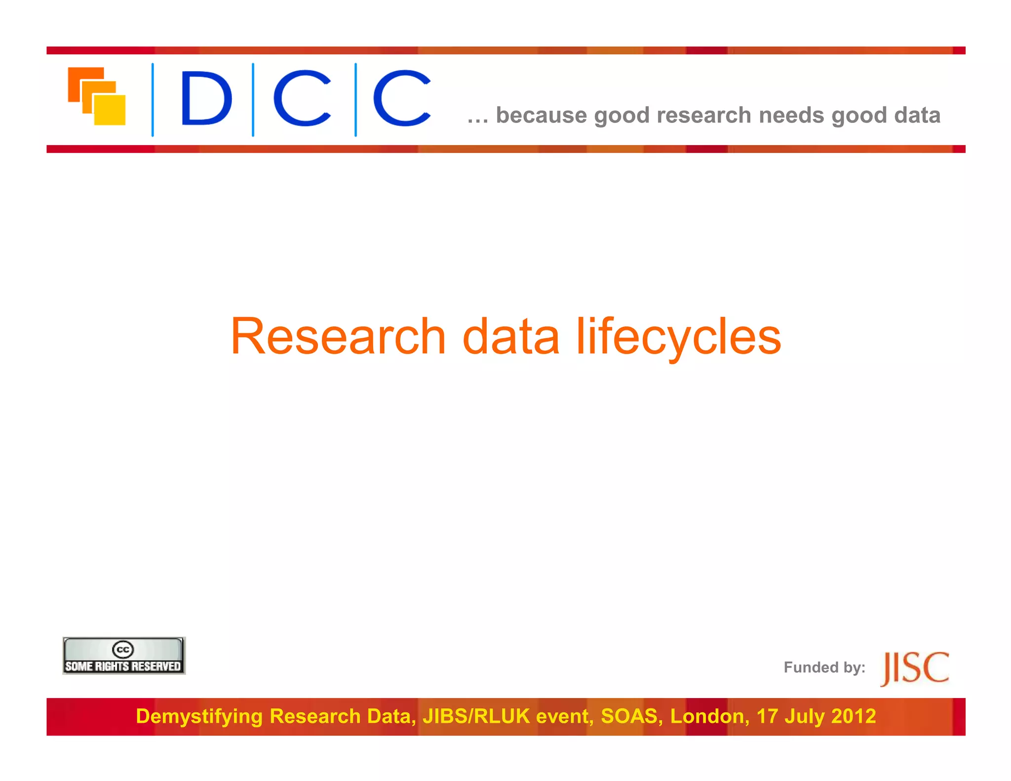 … because good research needs good data




        Research data lifecycles




                                                              Funded by:


Demystifying Research Data, JIBS/RLUK event, SOAS, London, 17 July 2012
 