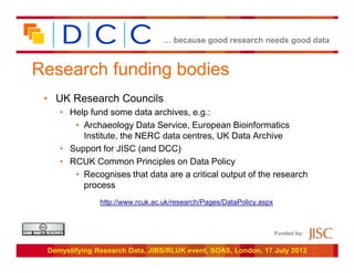 … because good research needs good data



Research funding bodies
 • UK Research Councils
    • Help fund some data archives, e.g.:
       • Archaeology Data Service, European Bioinformatics
         Institute, the NERC data centres, UK Data Archive
    • Support for JISC (and DCC)
    • RCUK Common Principles on Data Policy
       • Recognises that data are a critical output of the research
         process
               http://www.rcuk.ac.uk/research/Pages/DataPolicy.aspx



                                                                      Funded by:


 Demystifying Research Data, JIBS/RLUK event, SOAS, London, 17 July 2012
 