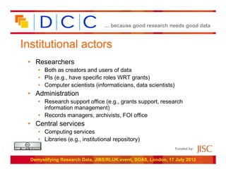 … because good research needs good data



Institutional actors
 • Researchers
     • Both as creators and users of data
     • PIs (e.g., have specific roles WRT grants)
     • Computer scientists (informaticians, data scientists)
 • Administration
     • Research support office (e.g., grants support, research
       information management)
     • Records managers, archivists, FOI office
 • Central services
     • Computing services
     • Libraries (e.g., institutional repository)
                                                                Funded by:


  Demystifying Research Data, JIBS/RLUK event, SOAS, London, 17 July 2012
 