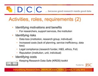 … because good research needs good data



Activities, roles, requirements (2)
 • Identifying motivations and benefits
     • For researchers, support services, the institution
 • Identifying risks
     • Data loss (institution, research group, individual)
     • Increased costs (lack of planning, service inefficiency, data
       loss)
     • Legal compliance (research funder, H&S, ethics, FoI)
     • Reputation (institution, unit, individual)
 • Identifying costs
     • Keeping Research Data Safe (KRDS) toolkit
                                                                Funded by:


  Demystifying Research Data, JIBS/RLUK event, SOAS, London, 17 July 2012
 