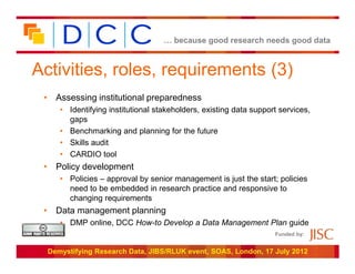 … because good research needs good data



Activities, roles, requirements (3)
 • Assessing institutional preparedness
     • Identifying institutional stakeholders, existing data support services,
       gaps
     • Benchmarking and planning for the future
     • Skills audit
     • CARDIO tool
 • Policy development
     • Policies – approval by senior management is just the start; policies
       need to be embedded in research practice and responsive to
       changing requirements
 • Data management planning
     • DMP online, DCC How-to Develop a Data Management Plan guide
                                                                   Funded by:


  Demystifying Research Data, JIBS/RLUK event, SOAS, London, 17 July 2012
 