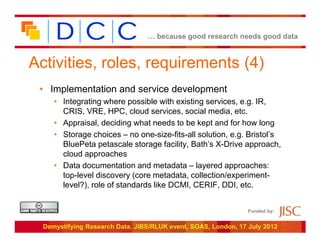 … because good research needs good data



Activities, roles, requirements (4)
 • Implementation and service development
     • Integrating where possible with existing services, e.g. IR,
       CRIS, VRE, HPC, cloud services, social media, etc.
     • Appraisal, deciding what needs to be kept and for how long
     • Storage choices – no one-size-fits-all solution, e.g. Bristol’s
       BluePeta petascale storage facility, Bath’s X-Drive approach,
       cloud approaches
     • Data documentation and metadata – layered approaches:
       top-level discovery (core metadata, collection/experiment-
       level?), role of standards like DCMI, CERIF, DDI, etc.


                                                                Funded by:


  Demystifying Research Data, JIBS/RLUK event, SOAS, London, 17 July 2012
 