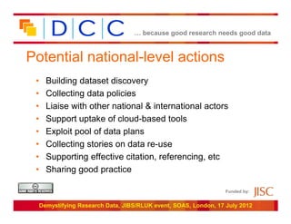 … because good research needs good data



Potential national-level actions
 •     Building dataset discovery
 •     Collecting data policies
 •     Liaise with other national & international actors
 •     Support uptake of cloud-based tools
 •     Exploit pool of data plans
 •     Collecting stories on data re-use
 •     Supporting effective citation, referencing, etc
 •     Sharing good practice

                                                                   Funded by:


     Demystifying Research Data, JIBS/RLUK event, SOAS, London, 17 July 2012
 