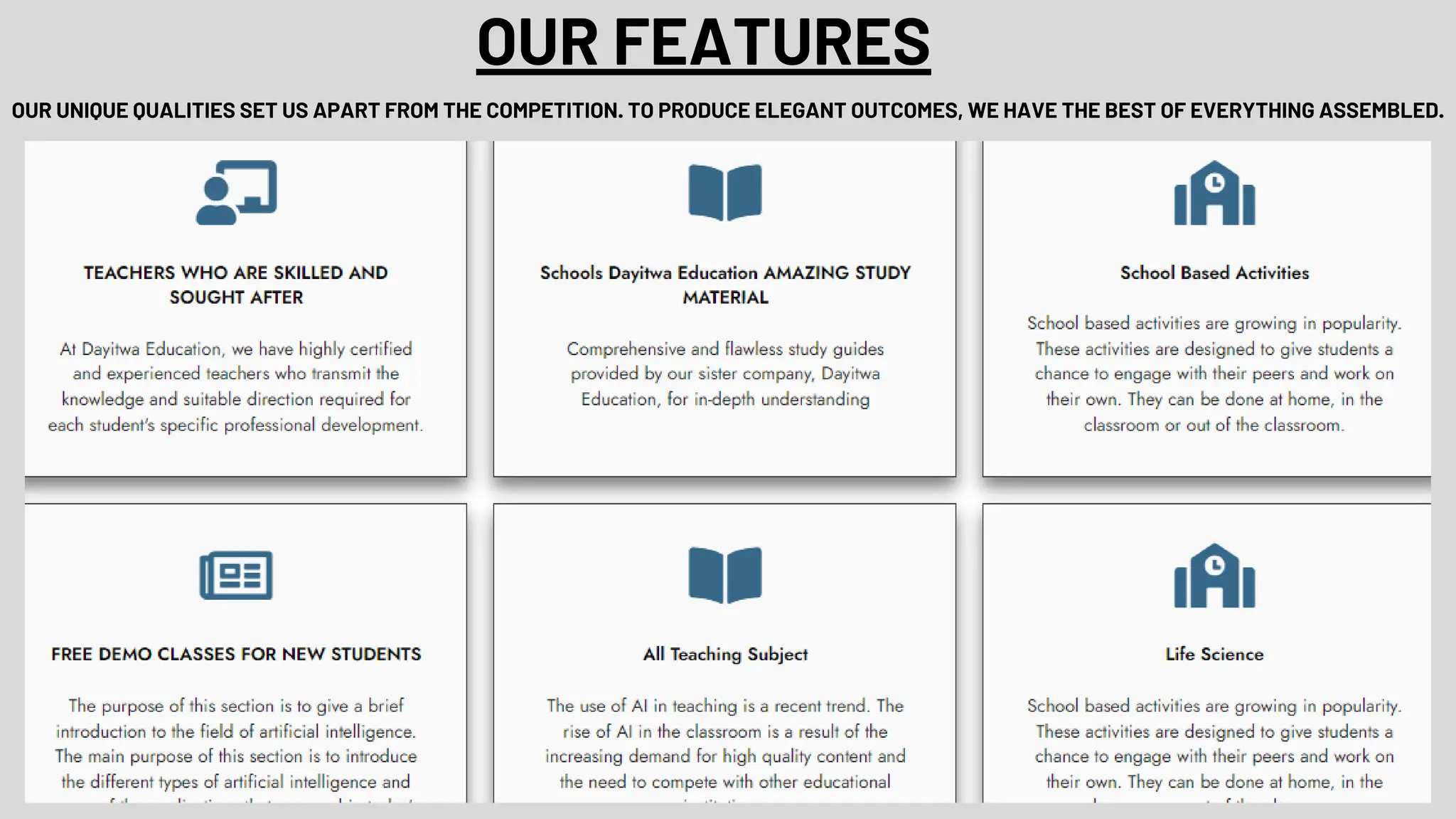 OUR FEATURES
OUR UNIQUE QUALITIES SET US APART FROM THE COMPETITION. TO PRODUCE ELEGANT OUTCOMES, WE HAVE THE BEST OF EVERYTHING ASSEMBLED.
 