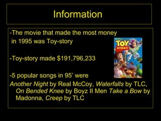 Information  - The movie that made the most money in 1995 was Toy-story  -Toy-story made $191,796,233  -5 popular songs in 95’ were Another Night  by Real McCoy,  Waterfalls  by TLC,  On Bended Knee  by Boyz II Men  Take a Bow  by Madonna,  Creep  by TLC  