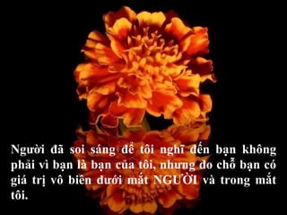 Người đã soi sáng để tôi nghĩ đến bạn không phải vì bạn là bạn của tôi, nhưng do chỗ bạn có giá trị vô biên dưới mắt NGƯỜI và trong mắt tôi.  
