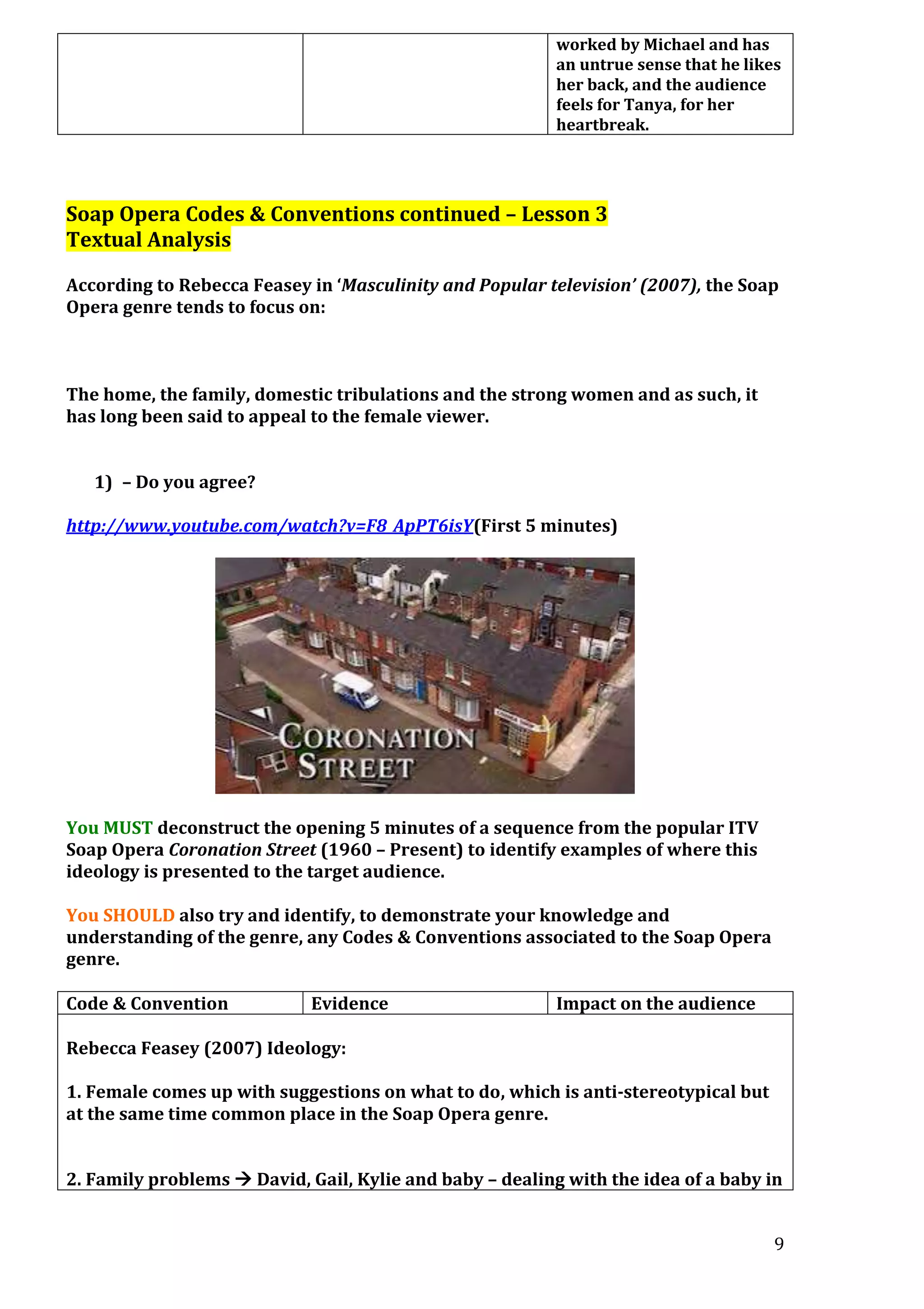 worked by Michael and has
an untrue sense that he likes
her back, and the audience
feels for Tanya, for her
heartbreak.

Soap Opera Codes & Conventions continued – Lesson 3
Textual Analysis
According to Rebecca Feasey in ‘Masculinity and Popular television’ (2007), the Soap
Opera genre tends to focus on:

The home, the family, domestic tribulations and the strong women and as such, it
has long been said to appeal to the female viewer.
1) – Do you agree?
http://www.youtube.com/watch?v=F8_ApPT6isY(First 5 minutes)

You MUST deconstruct the opening 5 minutes of a sequence from the popular ITV
Soap Opera Coronation Street (1960 – Present) to identify examples of where this
ideology is presented to the target audience.
You SHOULD also try and identify, to demonstrate your knowledge and
understanding of the genre, any Codes & Conventions associated to the Soap Opera
genre.
Code & Convention

Evidence

Impact on the audience

Rebecca Feasey (2007) Ideology:
1. Female comes up with suggestions on what to do, which is anti-stereotypical but
at the same time common place in the Soap Opera genre.
2. Family problems  David, Gail, Kylie and baby – dealing with the idea of a baby in
9

 