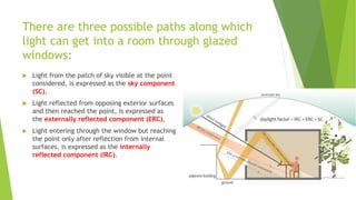 There are three possible paths along which
light can get into a room through glazed
windows:
 Light from the patch of sky visible at the point
considered, is expressed as the sky component
(SC),
 Light reflected from opposing exterior surfaces
and then reached the point, is expressed as
the externally reflected component (ERC),
 Light entering through the window but reaching
the point only after reflection from internal
surfaces, is expressed as the internally
reflected component (IRC).
 