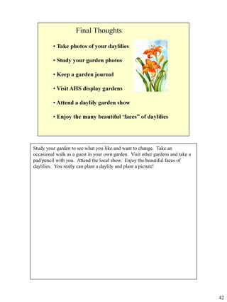 Study your garden to see what you like and want to change. Take an
occasional walk as a guest in your own garden. Visit other gardens and take a
pad/pencil with you. Attend the local show. Enjoy the beautiful faces of
daylilies. You really can plant a daylily and plant a picture!

42

 