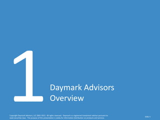 Daymark Advisors
                                                 Overview
Copyright Daymark Advisors, LLC 2001-2012. All rights reserved. Daymark is a registered investment advisor pursuant to
                                                                                                                           Slide 3
state securities laws. The purpose of this presentation is solely for information distribution on products and services.
 