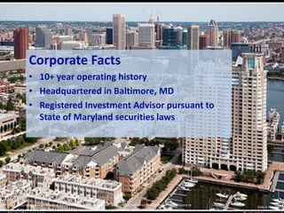 Corporate Facts
        • 10+ year operating history
        • Headquartered in Baltimore, MD
        • Registered Investment Advisor pursuant to
          State of Maryland securities laws




Copyright Daymark Advisors, LLC 2001-2012. All rights reserved. Daymark is a registered investment advisor pursuant to
                                                                                                                           Slide 6
state securities laws. The purpose of this presentation is solely for information distribution on products and services.
 