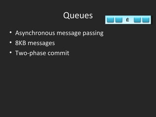 Queues Asynchronous message passing 8KB messages Two-phase commit … 