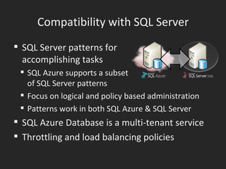 Compatibility with SQL Server SQL Server patterns for accomplishing tasks SQL Azure supports a subset of SQL Server patterns Focus on logical and policy based administration Patterns work in both SQL Azure & SQL Server SQL Azure Database is a multi-tenant service Throttling and load balancing policies 
