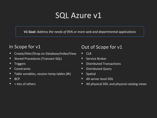 SQL Azure v1 V1 Goal:  Address the needs of 95% or more web and departmental applications In Scope for v1 Create/Alter/Drop on Database/Index/View Stored Procedures (Transact-SQL) Triggers Constraints Table variables, session temp tables (#t) BCP + lots of others Out of Scope for v1 CLR Service Broker Distributed Transactions Distributed Query Spatial All server level DDL All physical DDL and physical catalog views 