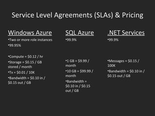 Service Level Agreements (SLAs) & Pricing SQL Azure 99.9% 1 GB = $9.99 / month 10 GB = $99.99 / month Bandwidth = $0.10 in / $0.15 out / GB Windows Azure Two or more role instances 99.95% Compute = $0.12 / hr Storage = $0.15 / GB stored / month Tx = $0.01 / 10K Bandwidth = $0.10 in / $0.15 out / GB .NET Services 99.9% Messages = $0.15 / 100K Bandwidth = $0.10 in / $0.15 out / GB 