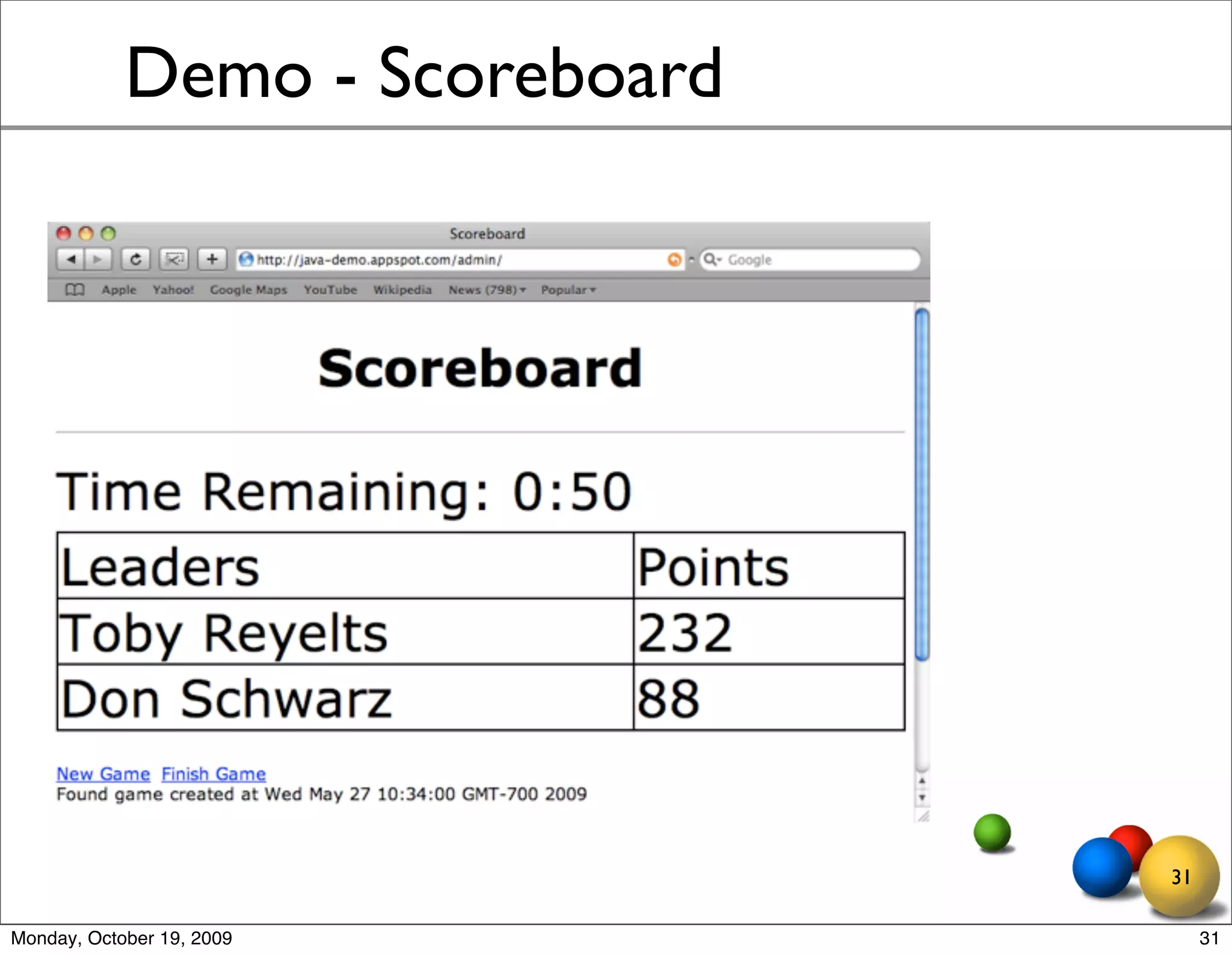 Demo - Scoreboard




                                31

Monday, October 19, 2009             31
 