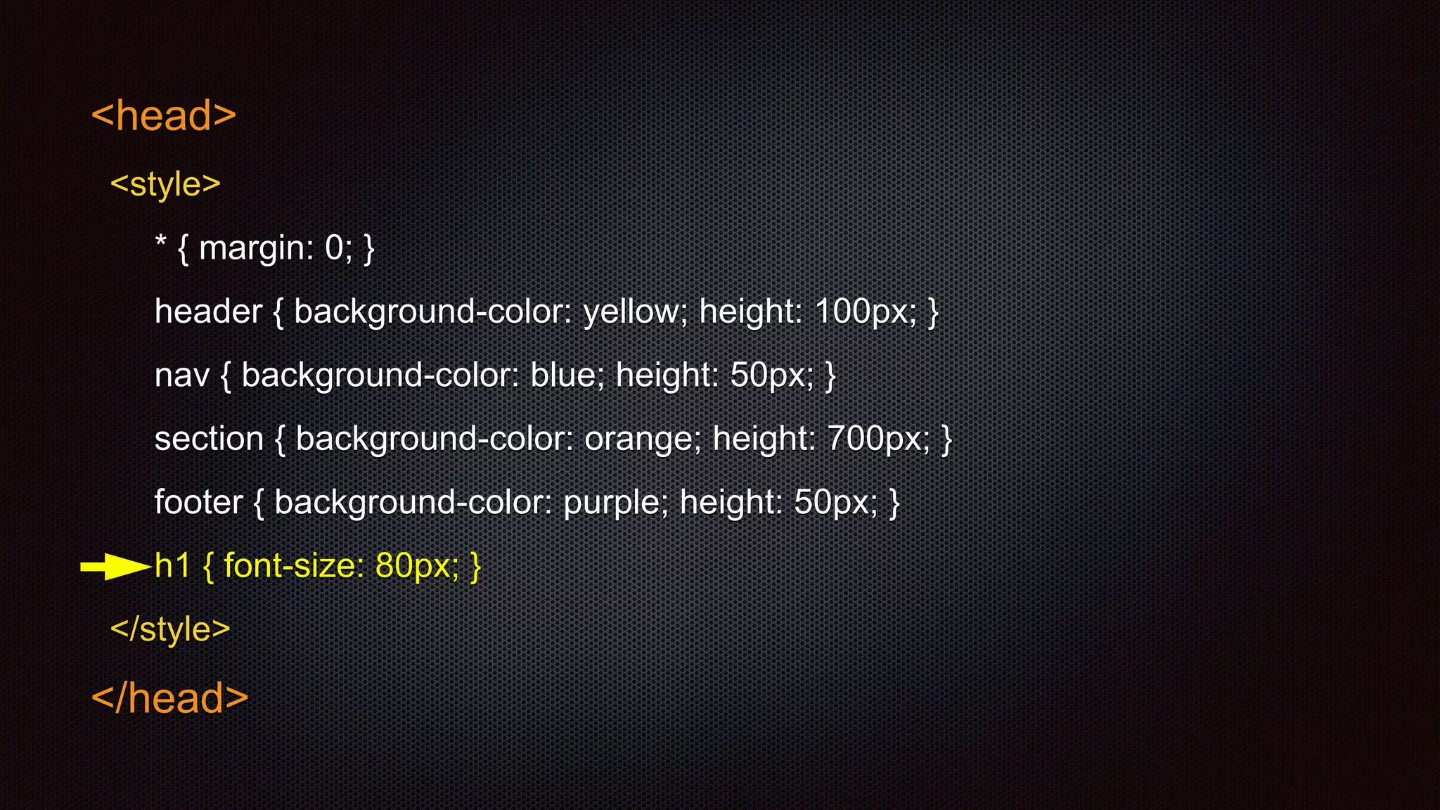 <head>
<style>
* { margin: 0; }
header { background-color: yellow; height: 100px; }
nav { background-color: blue; height: 50px; }
section { background-color: orange; height: 700px; }
footer { background-color: purple; height: 50px; }
h1 { font-size: 80px; }
</style>
</head>
 