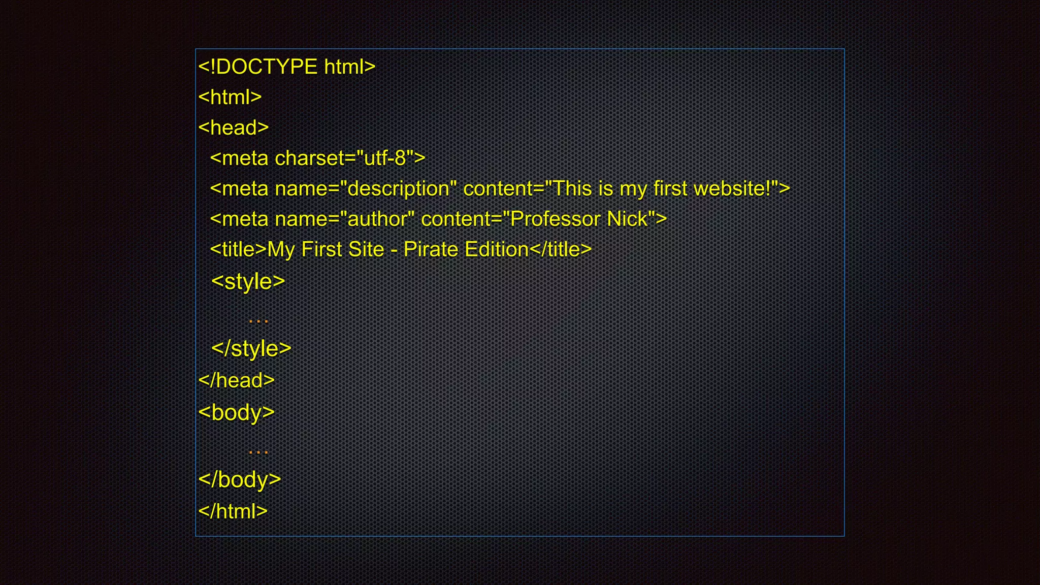 <!DOCTYPE html>
<html>
<head>
<meta charset="utf-8">
<meta name="description" content="This is my first website!">
<meta name="author" content="Professor Nick">
<title>My First Site - Pirate Edition</title>
<style>
…
</style>
</head>
<body>
…
</body>
</html>
 