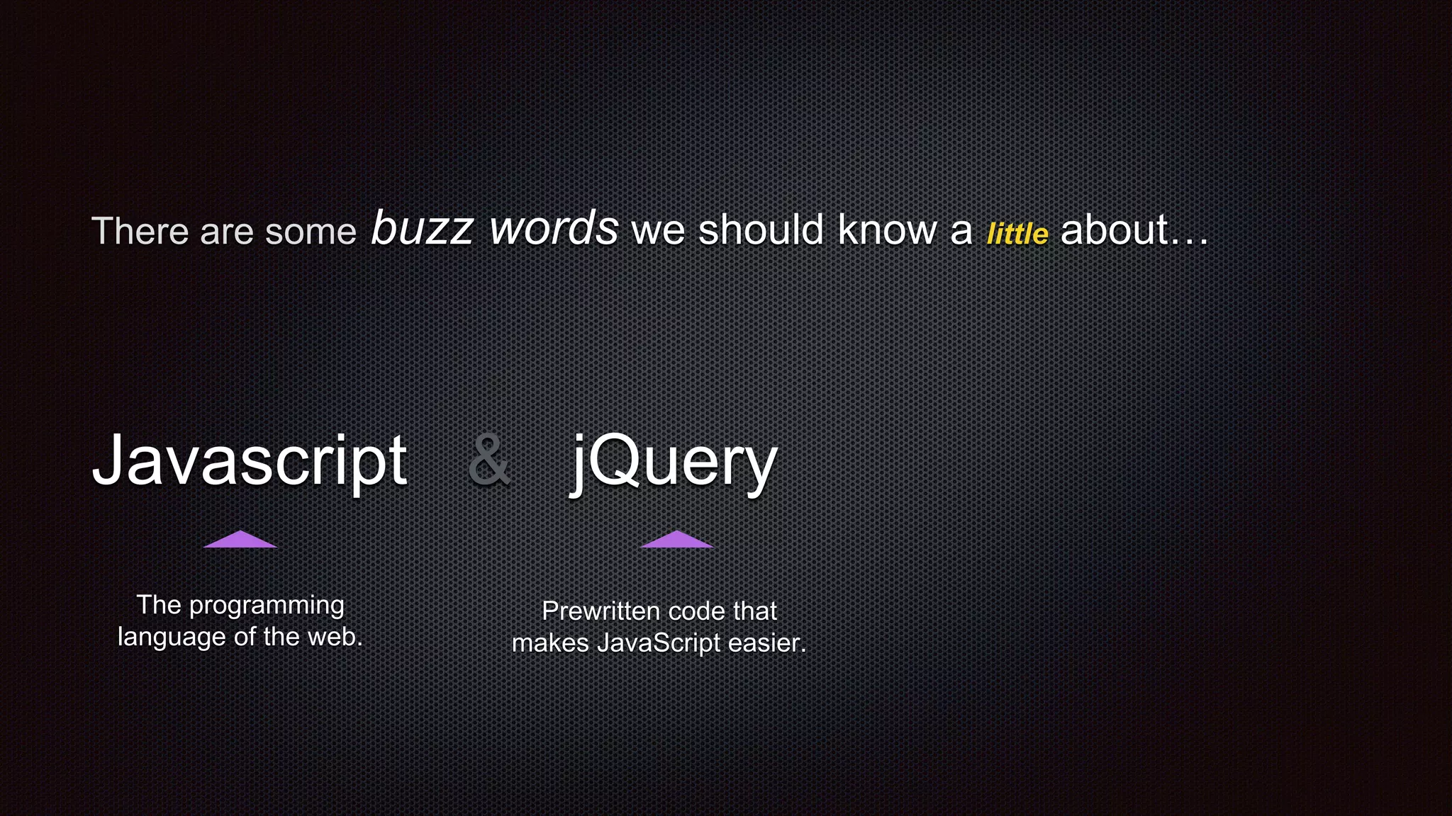 There are some buzz words we should know a little about…
Javascript & jQuery
Prewritten code that
makes JavaScript easier.
The programming
language of the web.
 