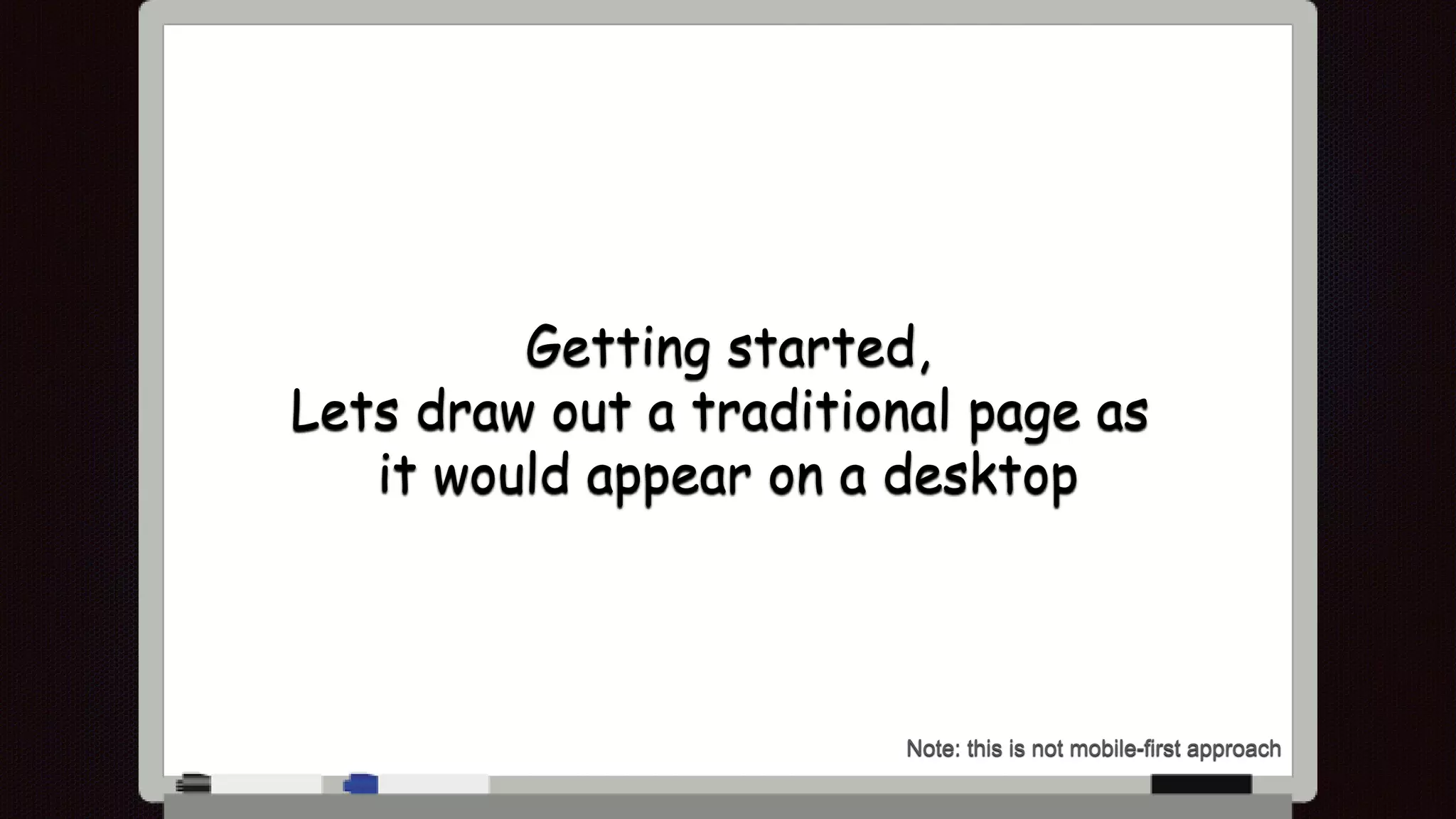 Getting started,
Lets draw out a traditional page as
it would appear on a desktop
Note: this is not mobile-first approach
 